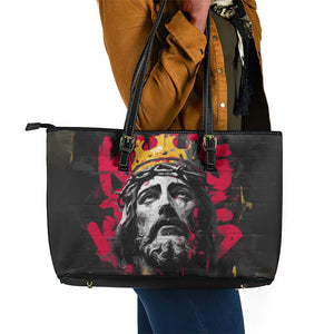 Jesus Graffiti Design Leather Tote Bag Crowned Portrait and Urban Street Art Style - African Pride