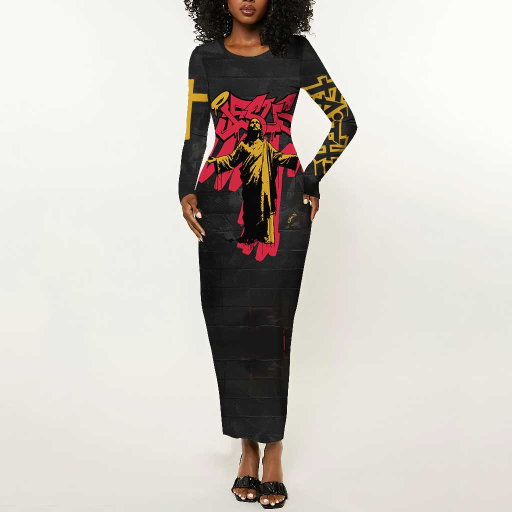 Jesus Graffiti Design Long Sleeve Bodycon Dress Crowned Portrait and Urban Street Art Style - African Pride