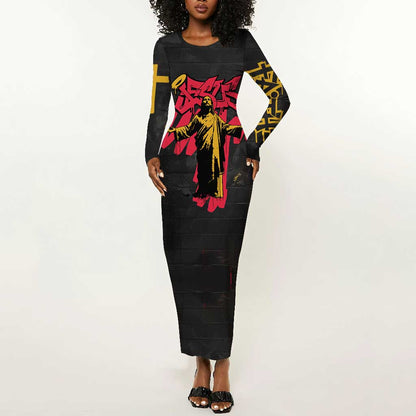 Jesus Graffiti Design Long Sleeve Bodycon Dress Crowned Portrait and Urban Street Art Style - African Pride
