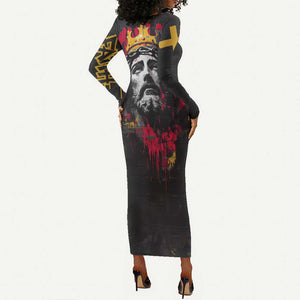 Jesus Graffiti Design Long Sleeve Bodycon Dress Crowned Portrait and Urban Street Art Style - African Pride