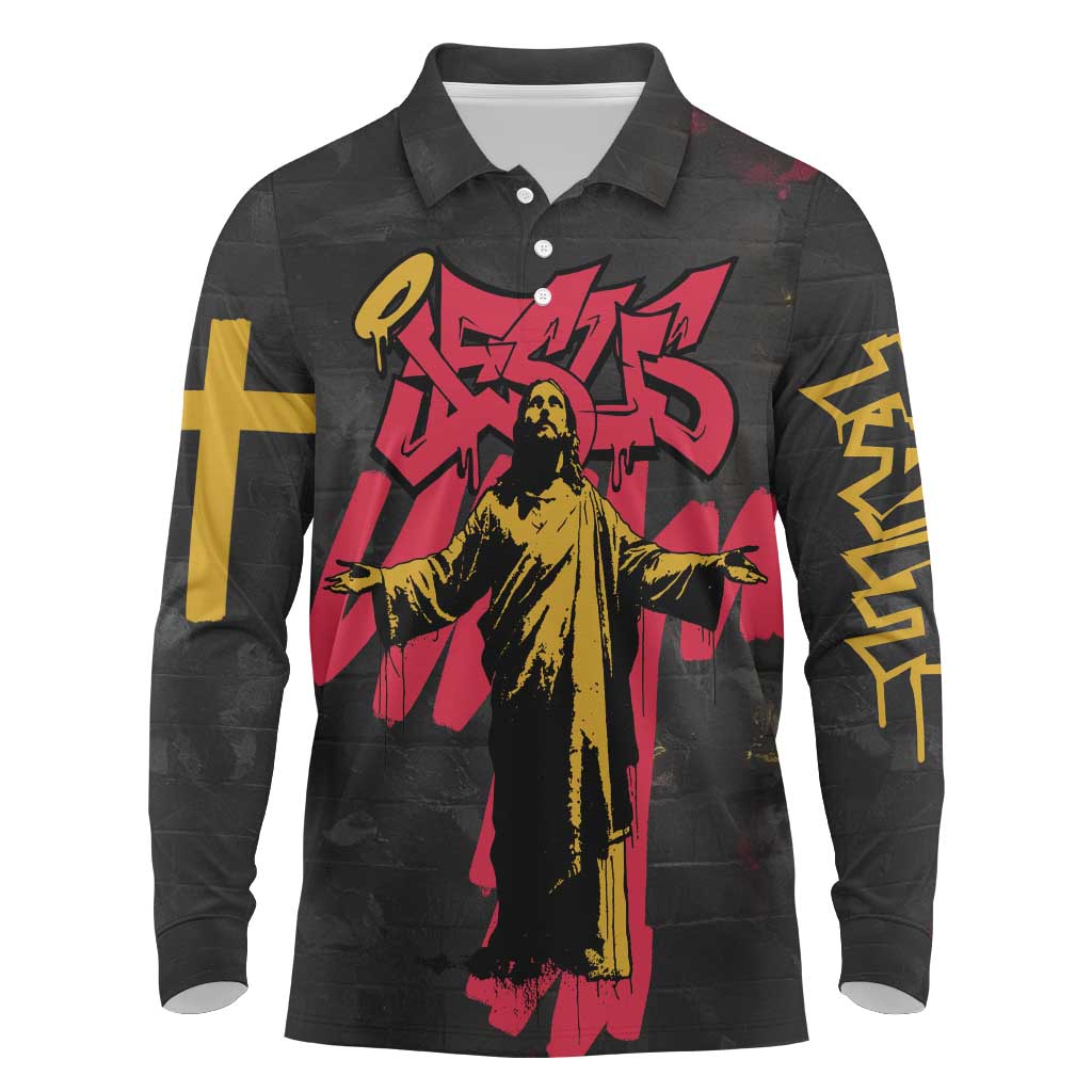 Jesus Graffiti Design Long Sleeve Polo Shirt Crowned Portrait and Urban Street Art Style - African Pride
