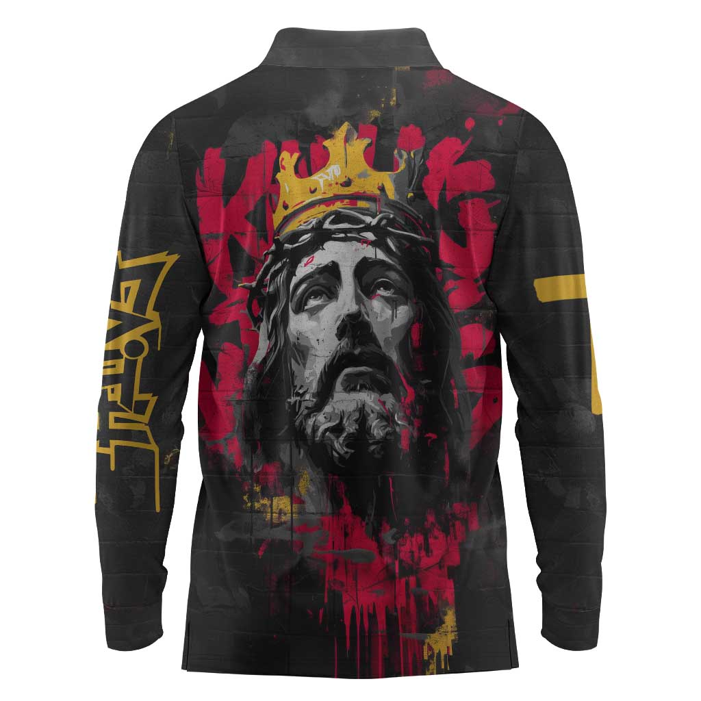 Jesus Graffiti Design Long Sleeve Polo Shirt Crowned Portrait and Urban Street Art Style - African Pride