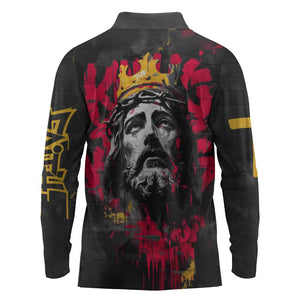 Jesus Graffiti Design Long Sleeve Polo Shirt Crowned Portrait and Urban Street Art Style - African Pride