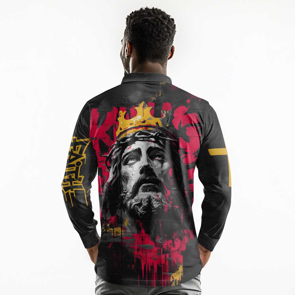 Jesus Graffiti Design Long Sleeve Polo Shirt Crowned Portrait and Urban Street Art Style - African Pride