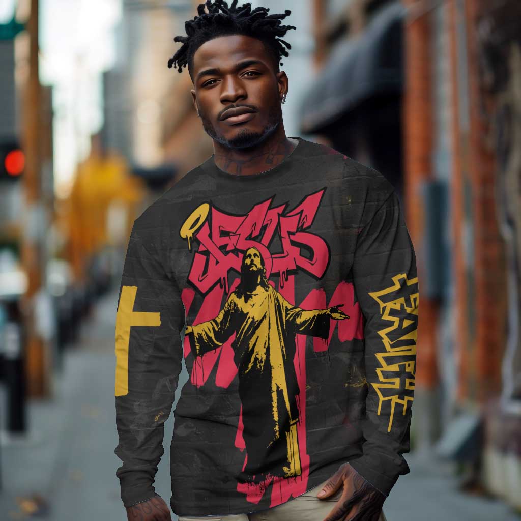 Jesus Graffiti Design Long Sleeve Shirt Crowned Portrait and Urban Street Art Style - African Pride