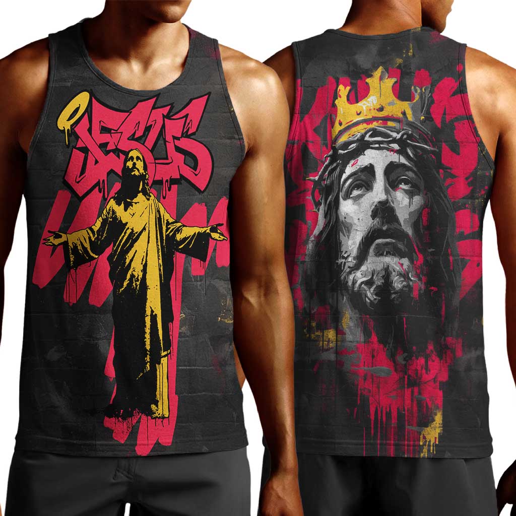 Jesus Graffiti Design Men Tank Top Crowned Portrait and Urban Street Art Style - African Pride
