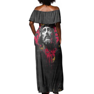 Jesus Graffiti Design Off Shoulder Maxi Dress Crowned Portrait and Urban Street Art Style - African Pride