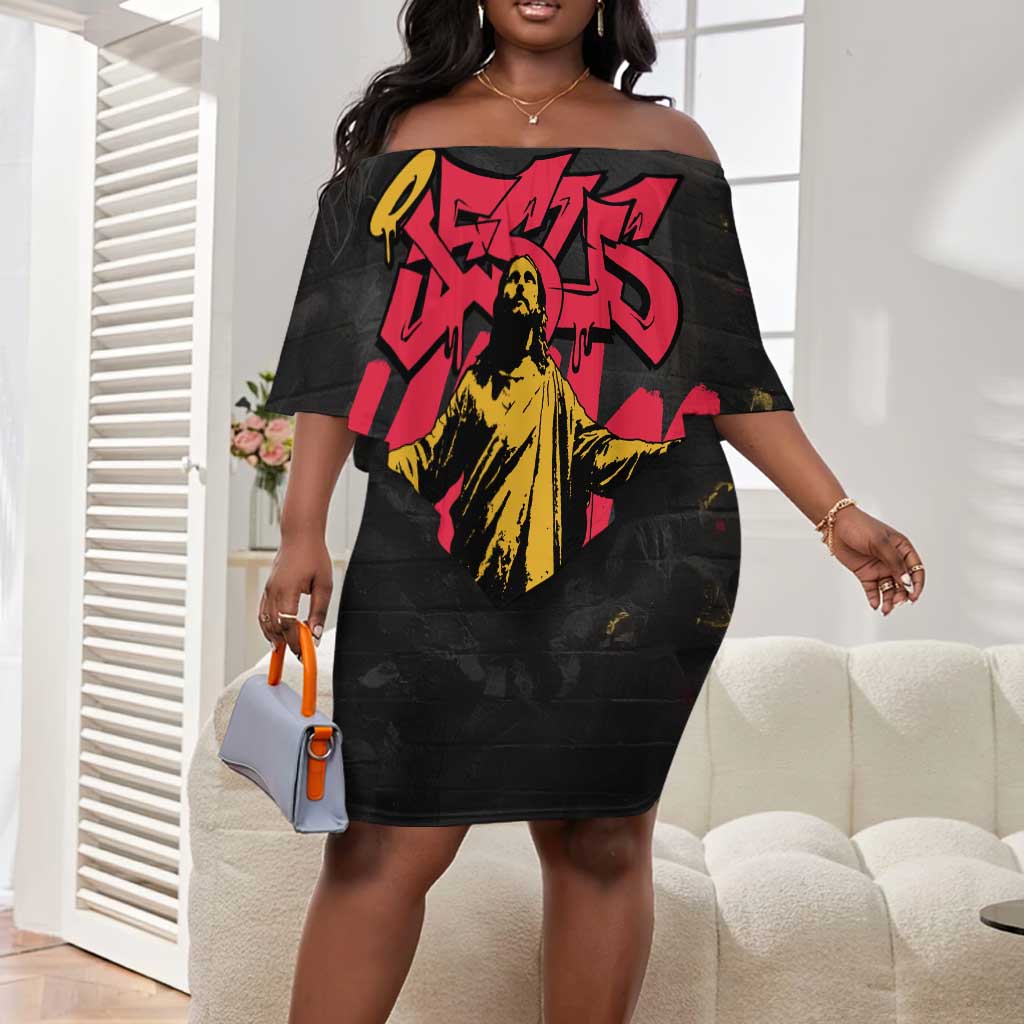 Jesus Graffiti Design Off Shoulder Short Dress Crowned Portrait and Urban Street Art Style - African Pride