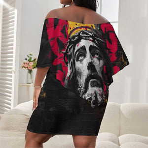 Jesus Graffiti Design Off Shoulder Short Dress Crowned Portrait and Urban Street Art Style - African Pride