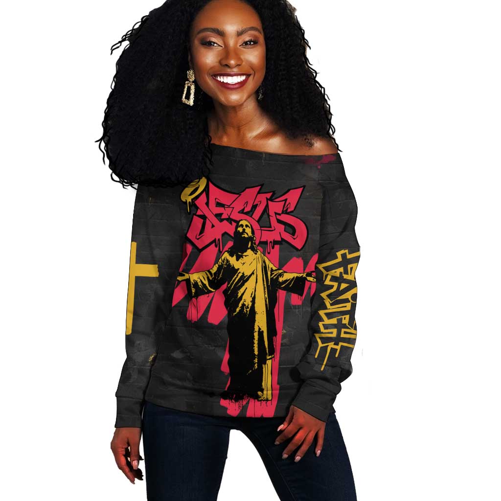 Jesus Graffiti Design Off Shoulder Sweater Crowned Portrait and Urban Street Art Style - African Pride
