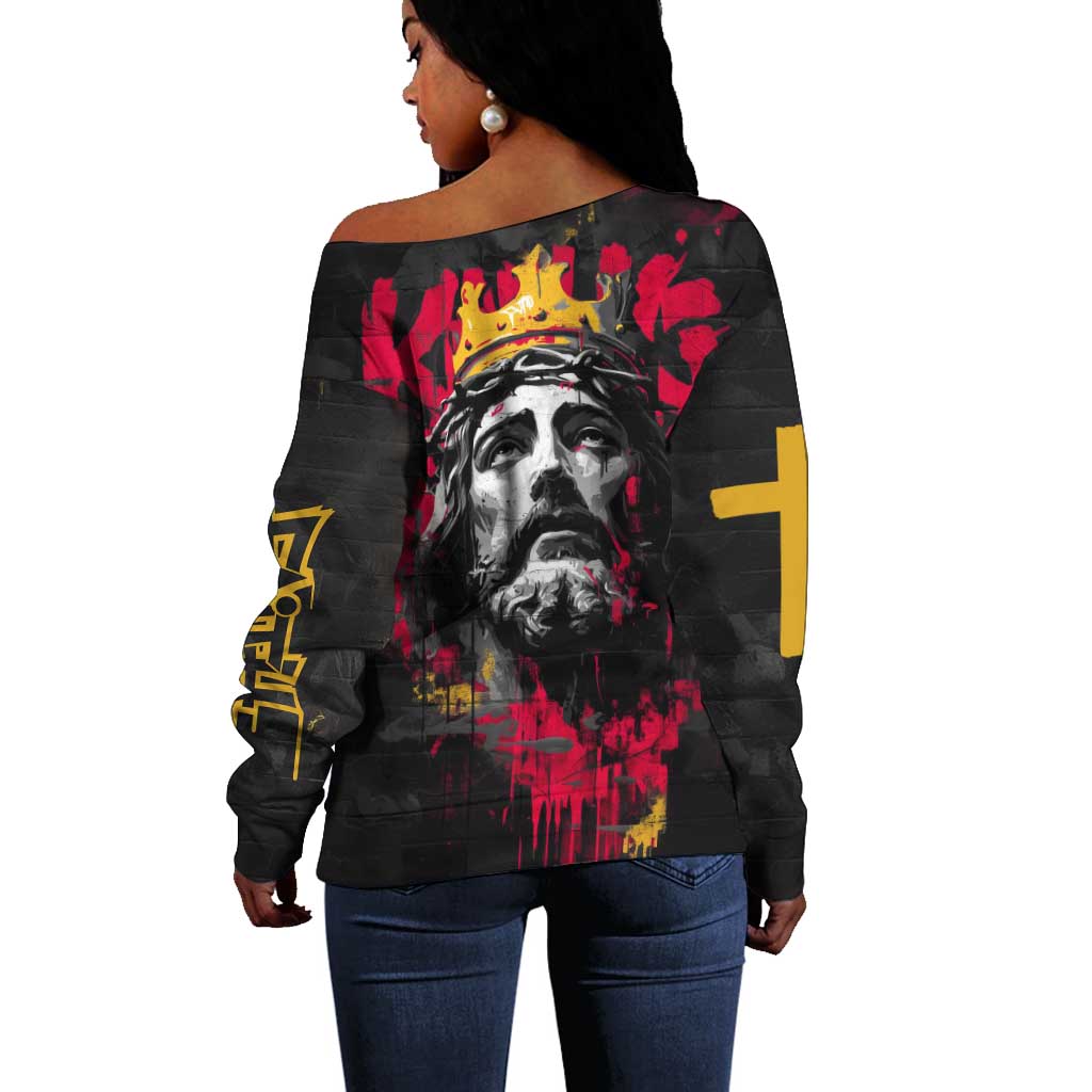 Jesus Graffiti Design Off Shoulder Sweater Crowned Portrait and Urban Street Art Style - African Pride