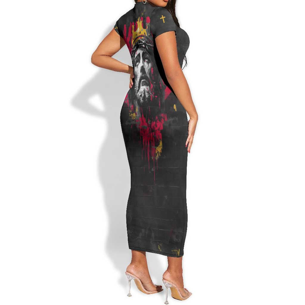 Jesus Graffiti Design Short Sleeve Bodycon Dress Crowned Portrait and Urban Street Art Style - African Pride