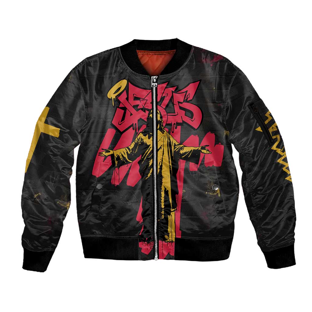 Jesus Graffiti Design Sleeve Zip Bomber Jacket Crowned Portrait and Urban Street Art Style - African Pride