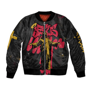 Jesus Graffiti Design Sleeve Zip Bomber Jacket Crowned Portrait and Urban Street Art Style - African Pride