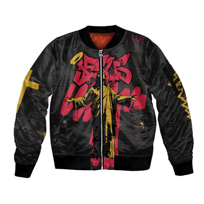 Jesus Graffiti Design Sleeve Zip Bomber Jacket Crowned Portrait and Urban Street Art Style - African Pride
