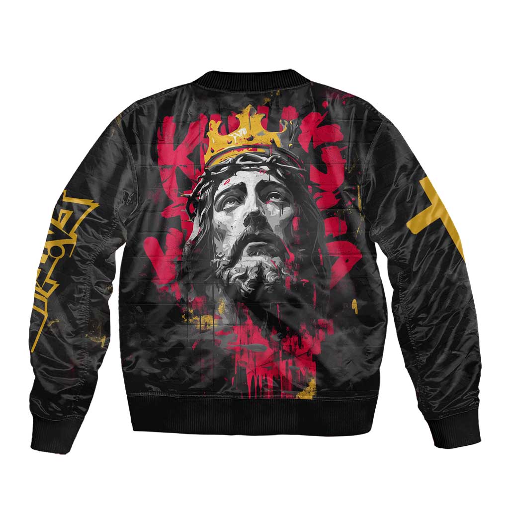 Jesus Graffiti Design Sleeve Zip Bomber Jacket Crowned Portrait and Urban Street Art Style - African Pride