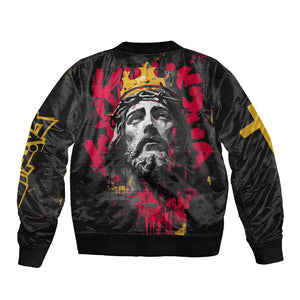 Jesus Graffiti Design Sleeve Zip Bomber Jacket Crowned Portrait and Urban Street Art Style - African Pride