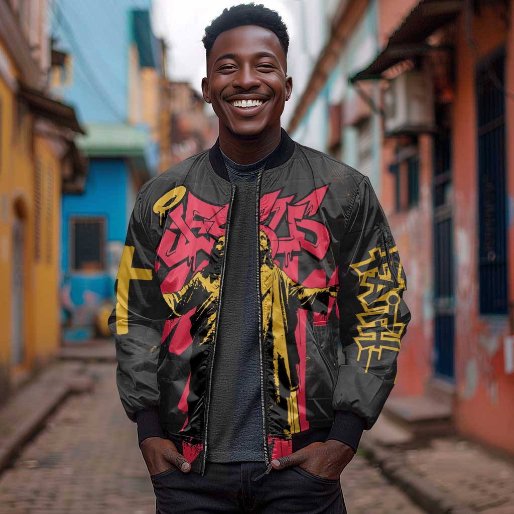 Jesus Graffiti Design Sleeve Zip Bomber Jacket Crowned Portrait and Urban Street Art Style - African Pride