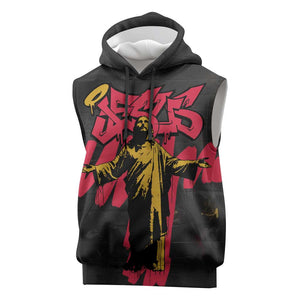 Jesus Graffiti Design Sleeveless Hoodie Crowned Portrait and Urban Street Art Style - African Pride