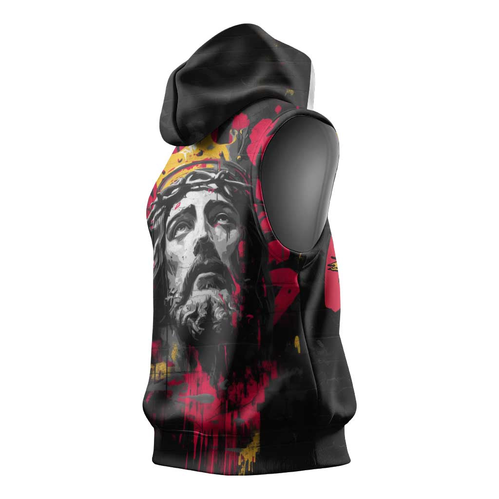 Jesus Graffiti Design Sleeveless Hoodie Crowned Portrait and Urban Street Art Style - African Pride
