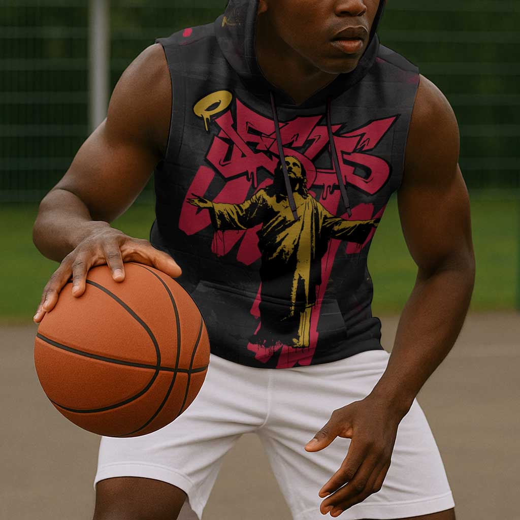 Jesus Graffiti Design Sleeveless Hoodie Crowned Portrait and Urban Street Art Style - African Pride