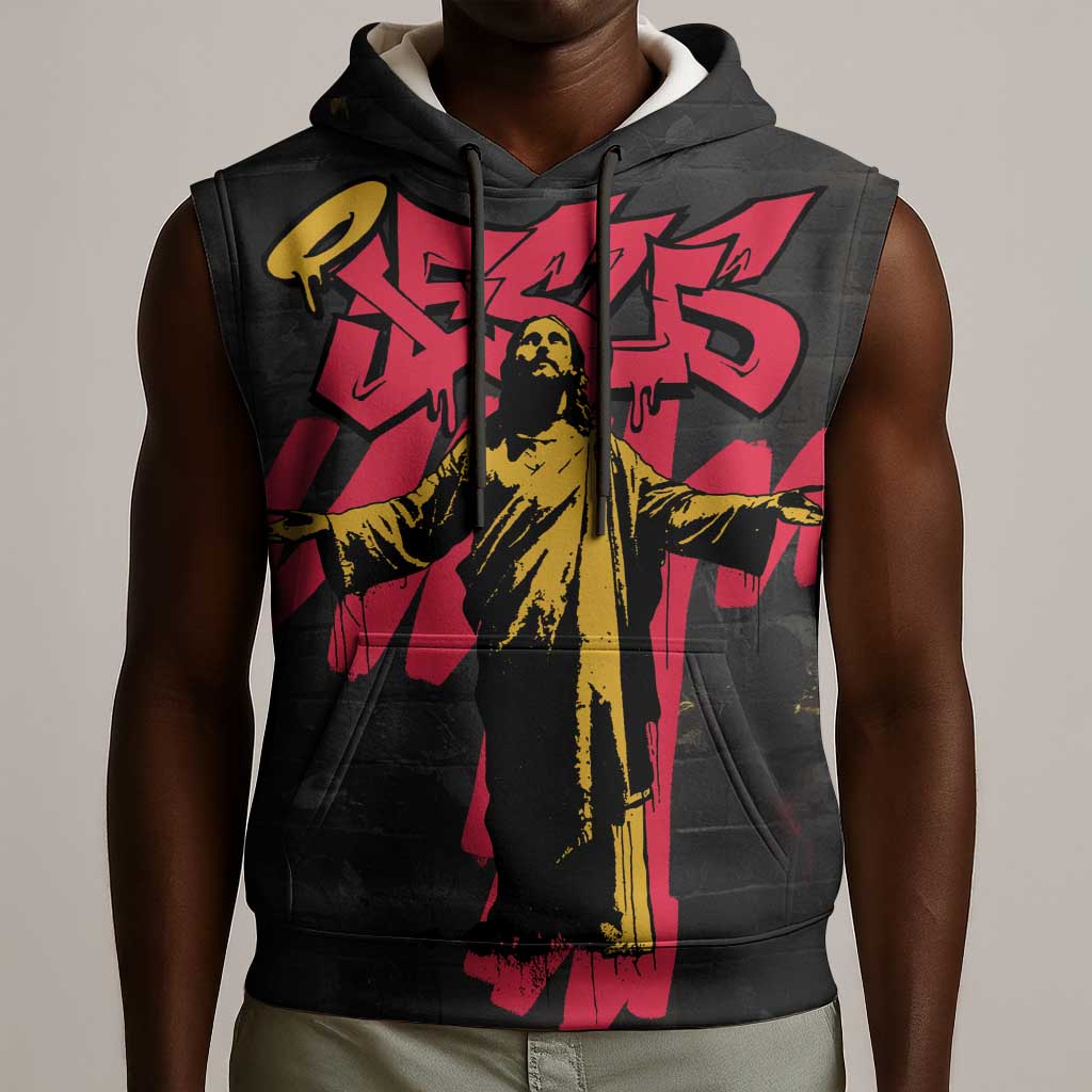 Jesus Graffiti Design Sleeveless Hoodie Crowned Portrait and Urban Street Art Style - African Pride