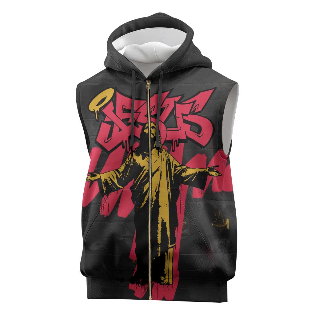 Jesus Graffiti Design Sleeveless Zip Hoodie Crowned Portrait and Urban Street Art Style - African Pride