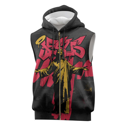 Jesus Graffiti Design Sleeveless Zip Hoodie Crowned Portrait and Urban Street Art Style - African Pride