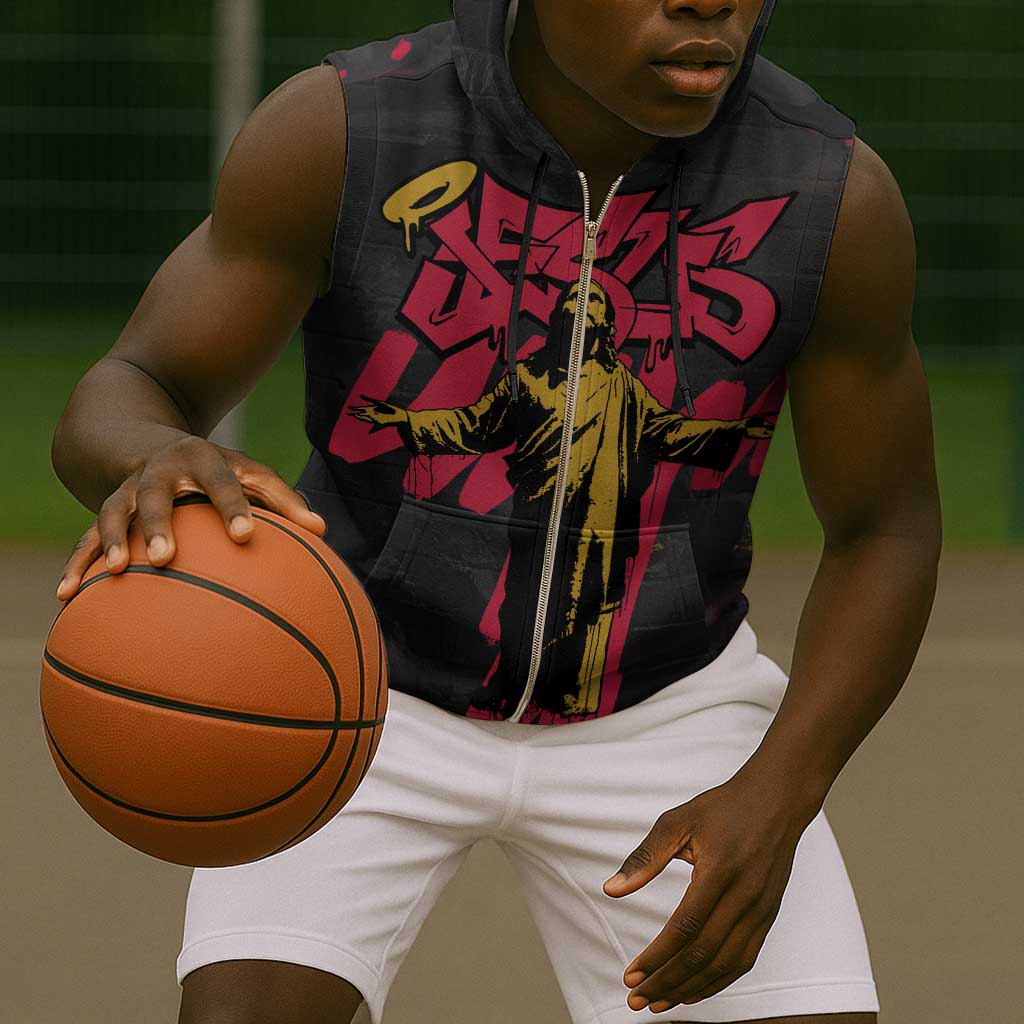 Jesus Graffiti Design Sleeveless Zip Hoodie Crowned Portrait and Urban Street Art Style - African Pride