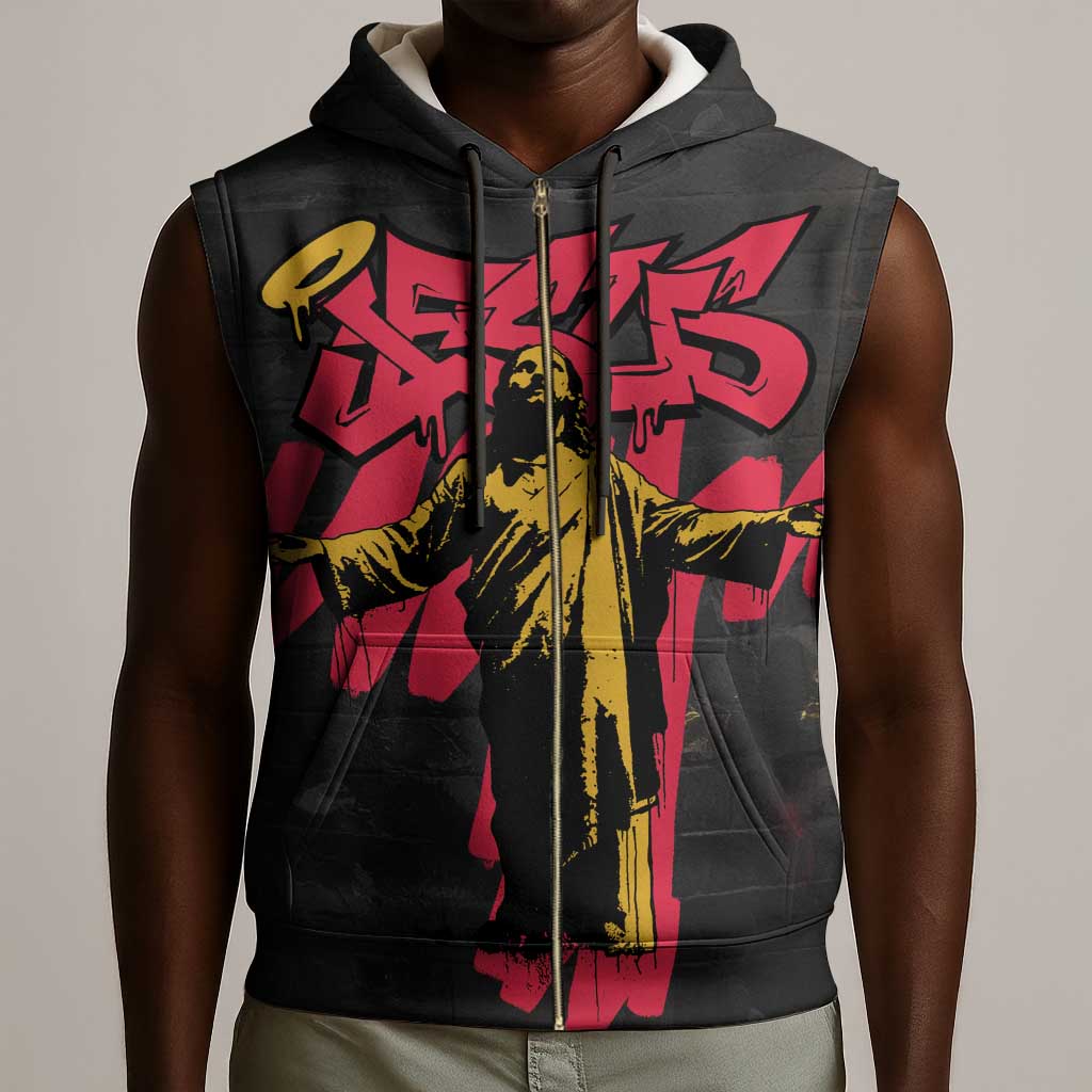Jesus Graffiti Design Sleeveless Zip Hoodie Crowned Portrait and Urban Street Art Style - African Pride