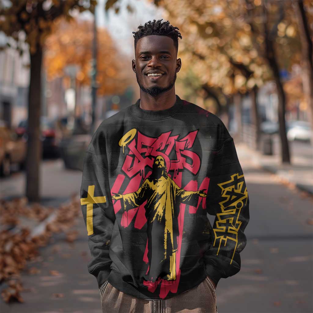 Jesus Graffiti Design Sweatshirt Crowned Portrait and Urban Street Art Style - African Pride