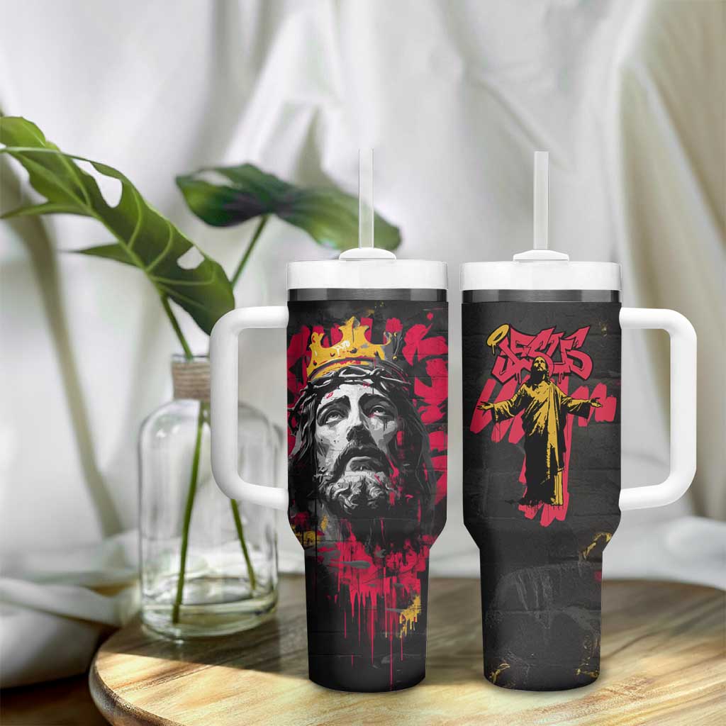 Jesus Graffiti Design Tumbler With Handle Crowned Portrait and Urban Street Art Style - African Pride