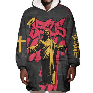 Jesus Graffiti Design Wearable Blanket Hoodie Crowned Portrait and Urban Street Art Style - African Pride