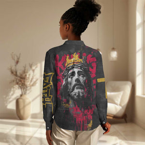 Jesus Graffiti Design Women Casual Shirt Crowned Portrait and Urban Street Art Style - African Pride