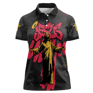 Jesus Graffiti Design Women Polo Shirt Crowned Portrait and Urban Street Art Style - African Pride