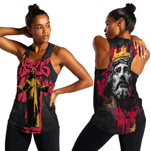 Jesus Graffiti Design Women Racerback Tank Crowned Portrait and Urban Street Art Style - African Pride