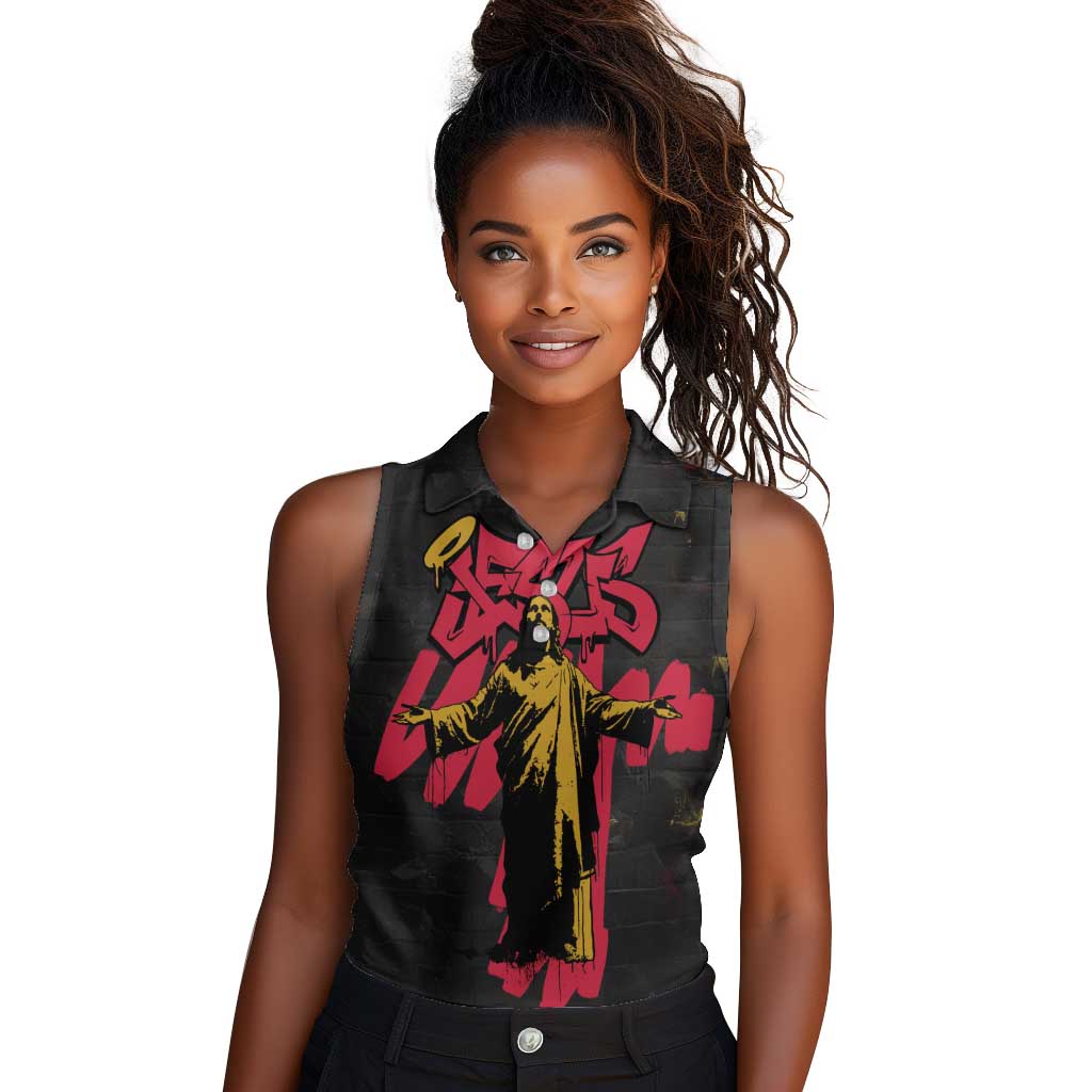 Jesus Graffiti Design Women Sleeveless Polo Shirt Crowned Portrait and Urban Street Art Style - African Pride