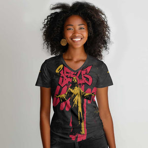 Jesus Graffiti Design Women V-Neck T-Shirt Crowned Portrait and Urban Street Art Style - African Pride