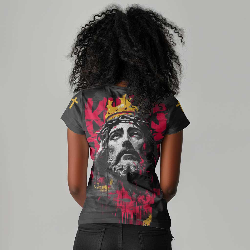 Jesus Graffiti Design Women V-Neck T-Shirt Crowned Portrait and Urban Street Art Style - African Pride