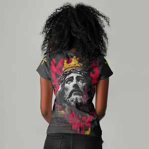 Jesus Graffiti Design Women V-Neck T-Shirt Crowned Portrait and Urban Street Art Style - African Pride