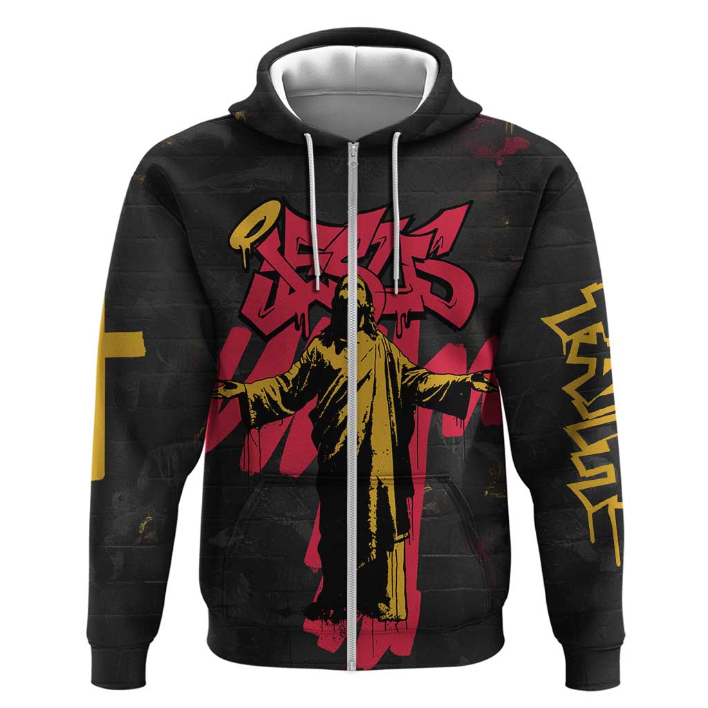 Jesus Graffiti Design Zip Hoodie Crowned Portrait and Urban Street Art Style - African Pride