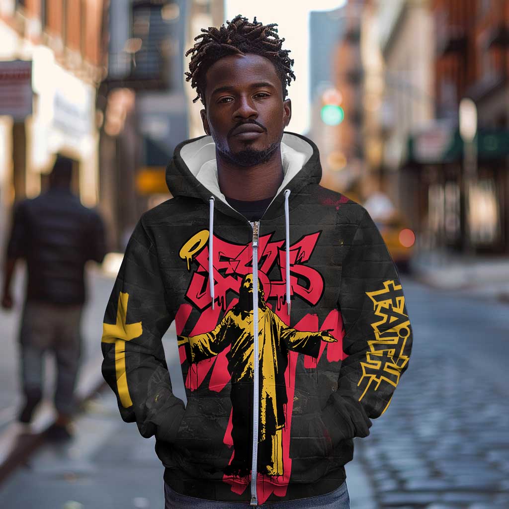 Jesus Graffiti Design Zip Hoodie Crowned Portrait and Urban Street Art Style - African Pride