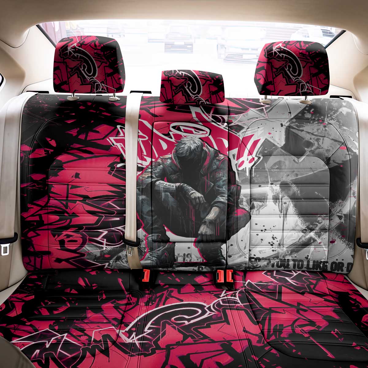 Hip Hop Graffiti Design Back Car Seat Cover Sitting Hooded Figure and Red Black Street - African Pride