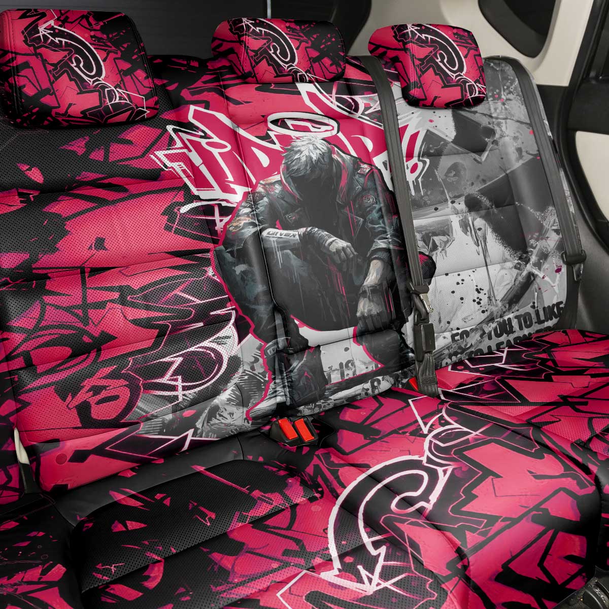 Hip Hop Graffiti Design Back Car Seat Cover Sitting Hooded Figure and Red Black Street - African Pride
