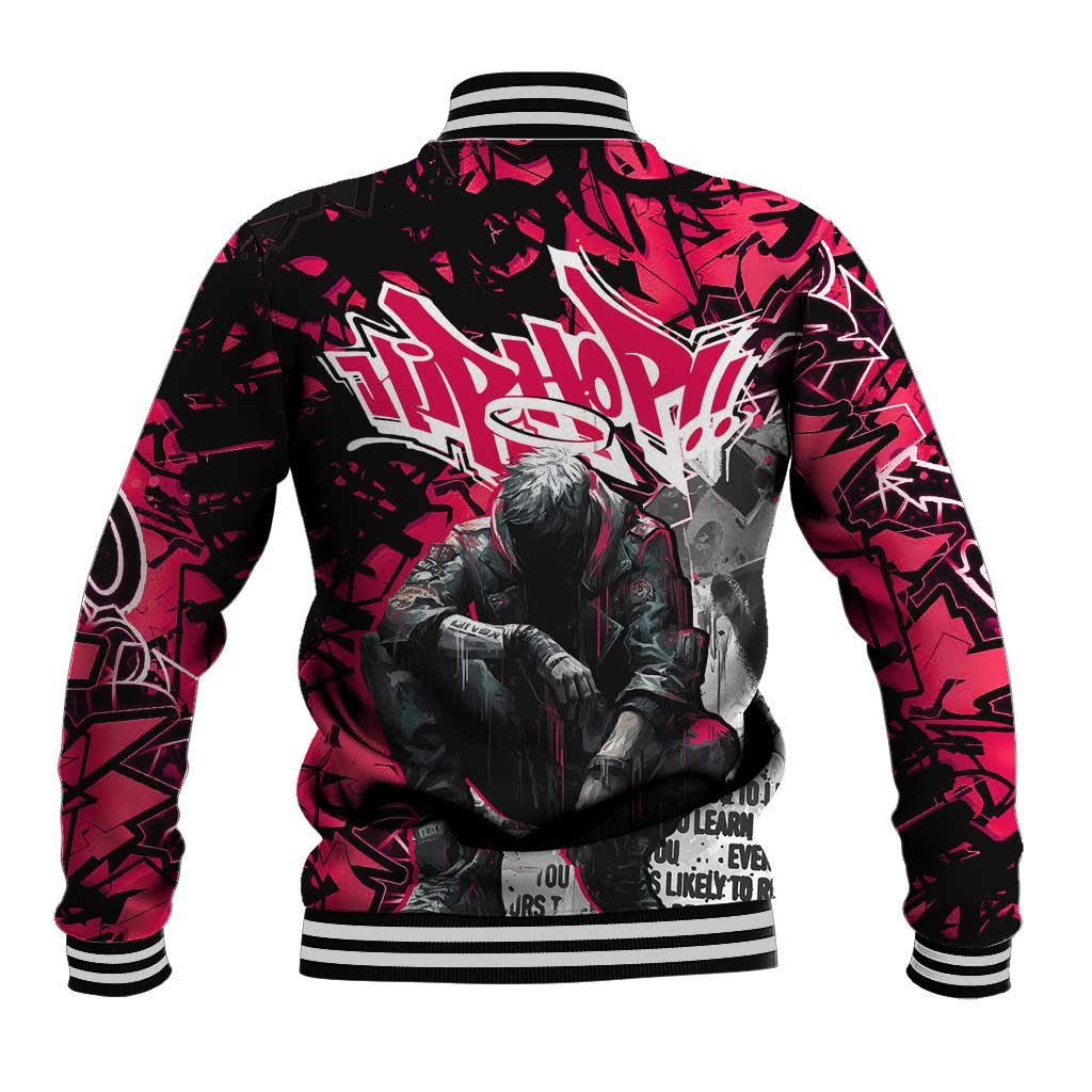 Hip Hop Graffiti Design Baseball Jacket Sitting Hooded Figure and Red Black Street - African Pride