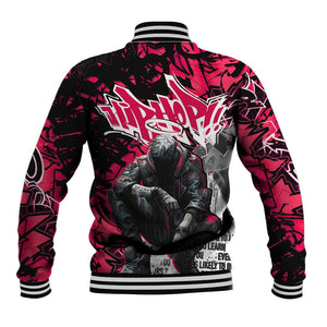 Hip Hop Graffiti Design Baseball Jacket Sitting Hooded Figure and Red Black Street - African Pride