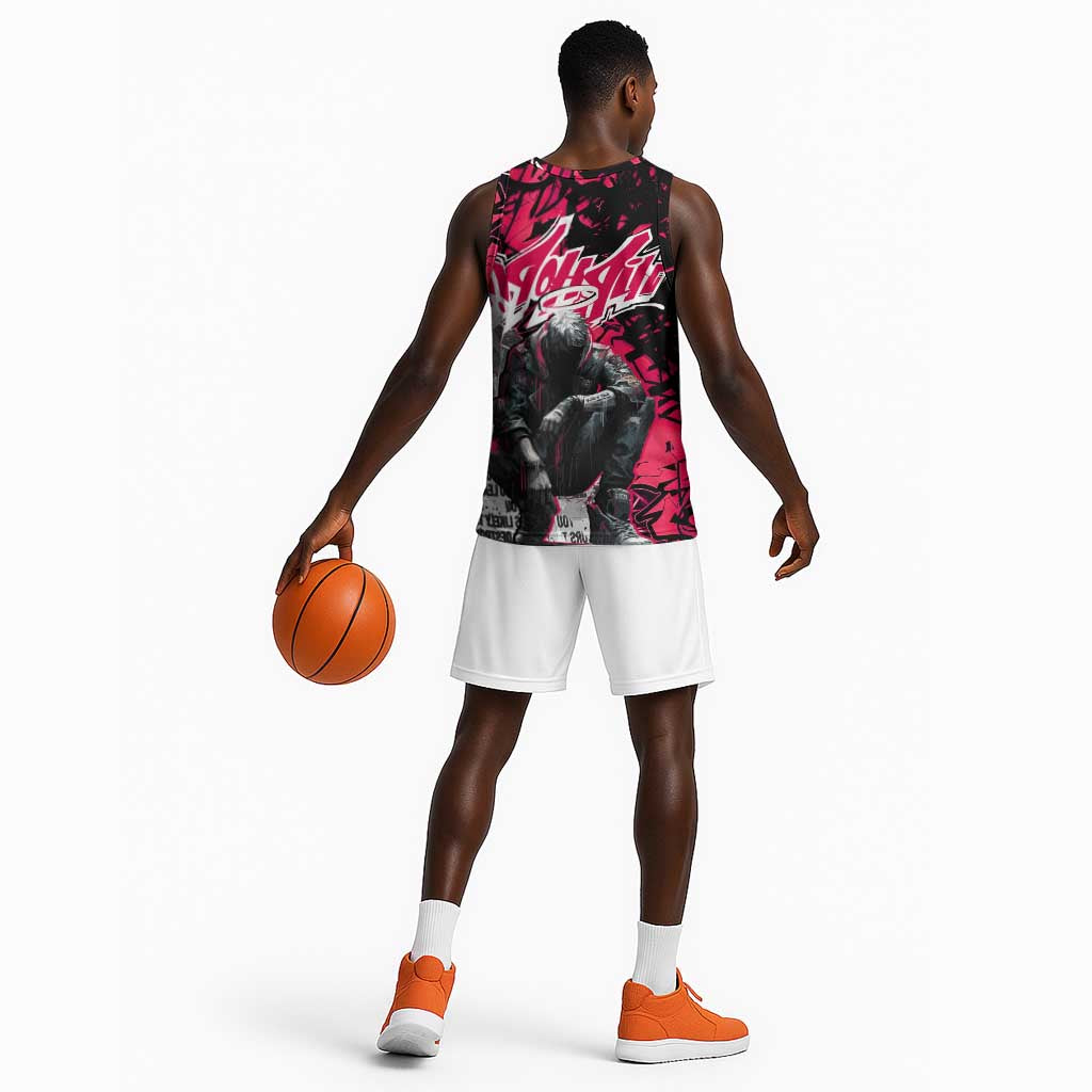 Hip Hop Graffiti Design Basketball Jersey Sitting Hooded Figure and Red Black Street - African Pride