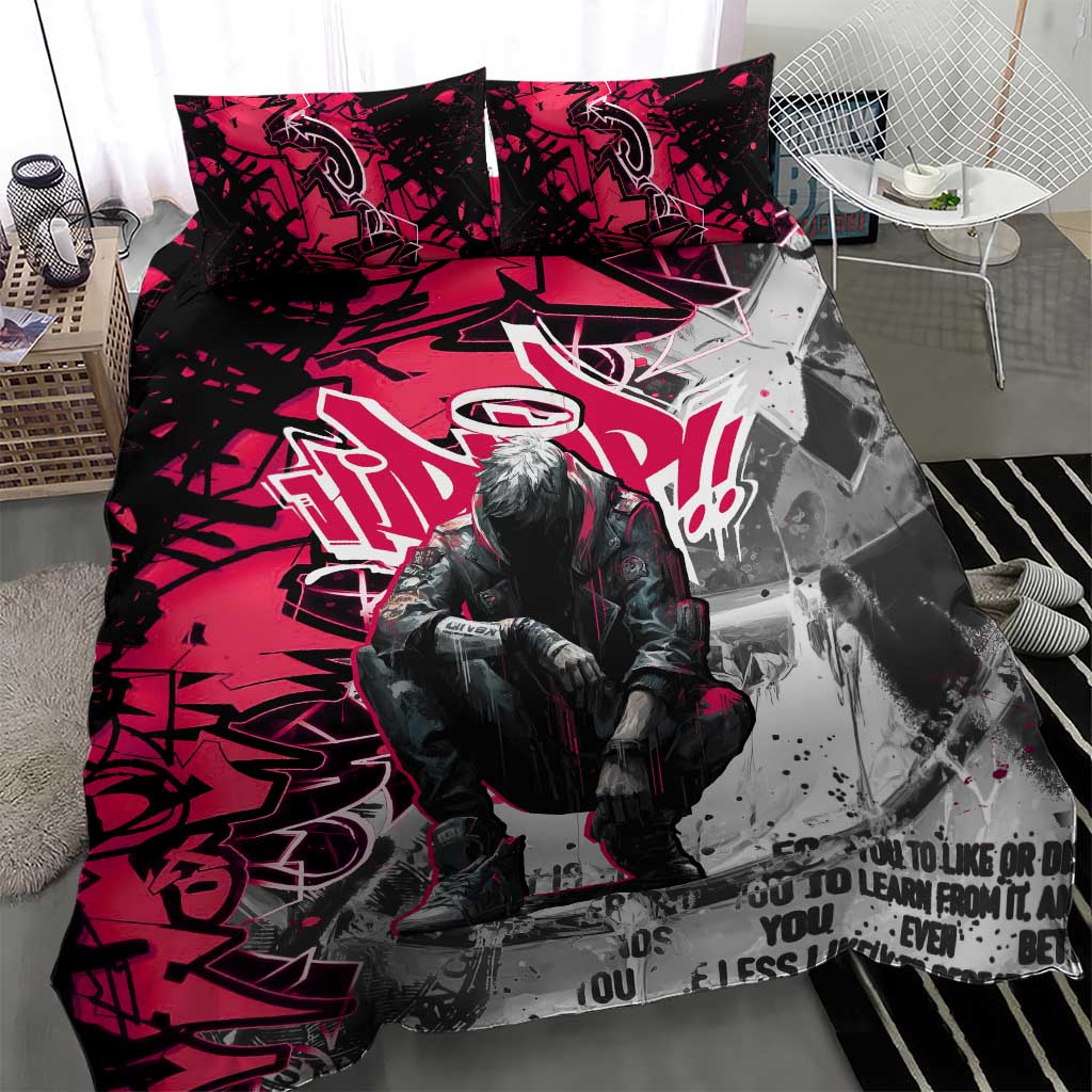 Hip Hop Graffiti Design Bedding Set Sitting Hooded Figure and Red Black Street - African Pride