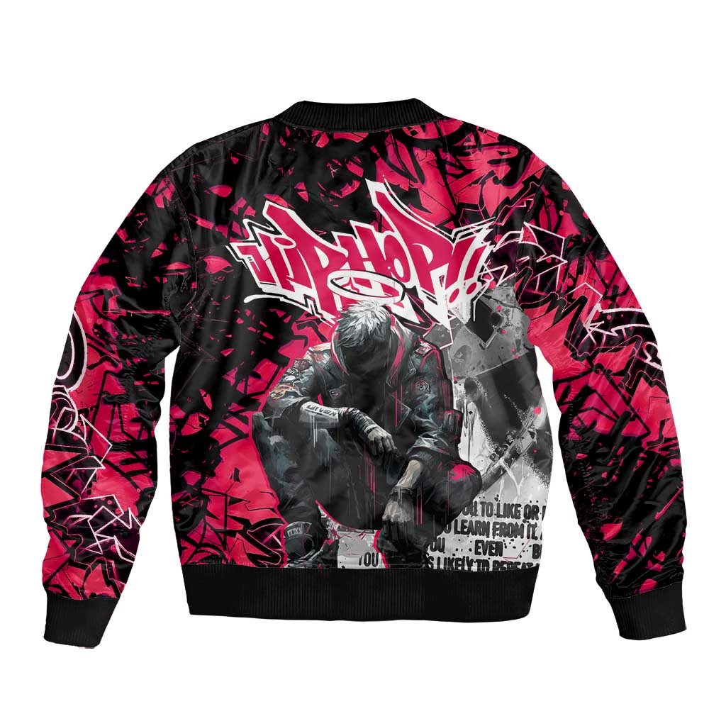 Hip Hop Graffiti Design Bomber Jacket Sitting Hooded Figure and Red Black Street - African Pride