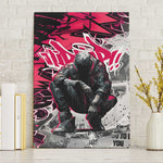 Hip Hop Graffiti Design Canvas Wall Art Sitting Hooded Figure and Red Black Street - African Pride